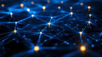 Glowing network connections with blue light trails and golden nodes forming digital neural pattern against dark background. Technology concept for AI and connectivity.