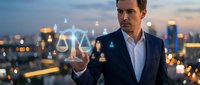 Professional businessman holding glowing digital justice scales with network connections against city skyline at dusk representing legal technology solutions.