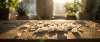 Golden coins scattered on wooden surface with warm sunlight streaming through window creating atmospheric bokeh effect for wealth and prosperity concepts.