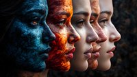 Four female profiles showing transformation from natural skin to artistic face paint in blue and orange colors against dark background, dramatic lighting.