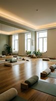 Modern yoga studio interior with green mats, wooden blocks and bolsters on hardwood floor. Minimalist meditation space with natural lighting and plants.