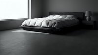 Minimalist bedroom interior with low platform bed, white bedding, and concrete floor in monochromatic tones, suitable for modern home design and interior styling projects.