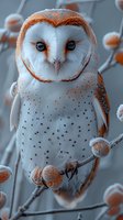Majestic barn owl perched on frosted winter branch with orange berries, close-up portrait showing distinctive heart-shaped face and speckled feathers in cool tones.