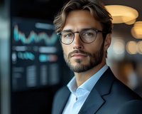 Confident businessman with beard and glasses against blurred trading charts background, wearing navy suit and light blue shirt. Professional finance portrait.