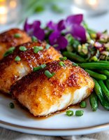 Glazed cod fillet with crispy golden-brown crust served with fresh green beans and purple orchid garnish on white plate, drizzled with teriyaki sauce and green onions.