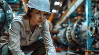Female industrial engineer in protective hardhat inspecting equipment in manufacturing facility. Professional workplace image highlighting women in STEM and industrial leadership.