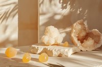 Natural crystal geodes and amber stones arranged in warm sunlight with tropical palm shadows creating peaceful meditation wellness atmosphere.