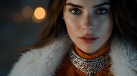 Young Caucasian woman with striking blue eyes wearing ornate golden jewelry and white fur coat against warm bokeh lights background for luxury fashion.