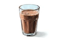 Glass of rich chocolate milk or cocoa drink with creamy texture, served in transparent tumbler on white background.