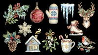 Watercolor Christmas clipart set with holiday elements isolated on transparent background. Great for T-shirts, stickers, cards, sublimation, and print on demand designs.