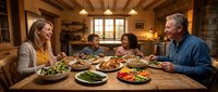Multi-generational family enjoying homemade dinner together at rustic wooden table in cozy farmhouse kitchen with warm lighting and traditional decor.