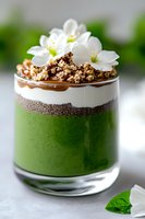 Layered green matcha dessert with chia seeds, cream, chocolate sauce and granola topped with white flowers served in glass, close up view on light background.