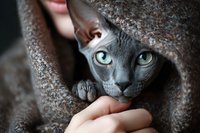 Adorable hairless sphynx cat with striking green eyes being gently held in cozy brown knitted sweater by caring owner hands creating warm intimate moment.