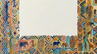 Ethnic tribal border frame with African geometric patterns, masks, and wildlife silhouettes on cream background, ready for design layouts and cultural projects.