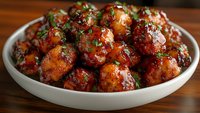 Glazed chicken meatballs garnished with fresh herbs in white ceramic bowl on wooden table, coated in sweet and savory Asian-inspired sauce.
