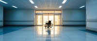 Empty wheelchair in modern hospital corridor with bright lighting and glass doors for healthcare and medical facility concepts.