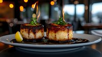 Seared scallop cakes with herb garnish and lemon on dark plate in upscale restaurant setting with warm bokeh lighting.