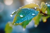 Fresh green leaf with morning dew drops and bokeh effect in soft blue background, macro nature photography showing water droplets on foliage surface.