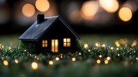 Cozy miniature house glowing with warm light on grass at dusk, surrounded by magical bokeh lights creating dreamy atmosphere. Concept of home comfort and tranquility.