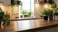 Modern kitchen interior with wooden countertop and green plants creating cozy atmosphere for home design and lifestyle concepts.
