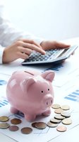 Pink piggy bank with coins and calculator on financial charts for budgeting and savings planning concepts.