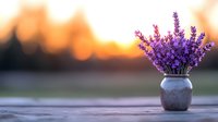 Fresh lavender bouquet in ceramic vase on wooden surface during golden hour sunset creating peaceful aromatherapy atmosphere for spa and wellness concepts.