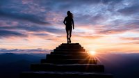 Female silhouette standing on stone steps against dramatic sunset sky with sunburst, mountains in background, representing achievement and personal growth.