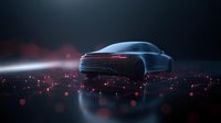 Futuristic luxury car silhouette on dark background with glowing red particles and dramatic lighting effects creating mysterious atmosphere.