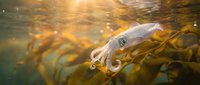 White seal pup swimming underwater in golden sunlit ocean water with kelp forest background creating magical marine wildlife scene.