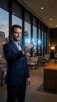 Caucasian male professional in dark business suit interacting with digital communication icons in modern high-rise office with city skyline view for corporate technology and business solutions.