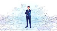 Professional businessman standing confidently on digital network grid with technology elements and data visualization background for business concepts.