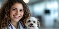 Young female veterinarian with curly brown hair and bright smile holding small white mixed breed dog in veterinary clinic office, professional healthcare setting.