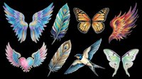 Colorful wings and feathers collection isolated on transparent background, ready for t-shirt design, clipart, stickers, sublimation and print-on-demand projects.
