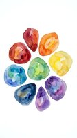 Watercolor gemstones arranged in circle pattern, featuring vibrant red, orange, yellow, green, blue, and purple tones. Isolated on white background, ready for design projects.
