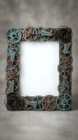 Steampunk photo frame decorated with vintage gears, cogs and mechanical parts in copper and turquoise patina colors on neutral background.
