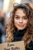 Young woman with curly brown hair and warm smile holding activism sign, wearing black sweater against blurred urban background. Natural makeup and confident expression.