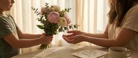 Man giving pink rose bouquet to woman at table with warm sunlight streaming through window creating romantic gesture moment.