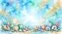 Watercolor seashells and starfish border with coral elements on textured blue ocean background for summer beach themed designs and coastal decorations.