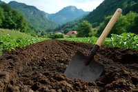 Garden shovel stuck in fresh brown soil against mountain landscape and green vegetation, ready for planting and gardening in rural countryside setting.