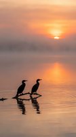 Two cormorants perched on a log at sunrise, silhouetted against golden water and misty sky. Waterbirds in natural habitat for nature and wildlife content.