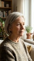 Senior woman with gray hair wearing a beige knit sweater, gazing thoughtfully by a sunlit window with indoor plants and bookshelves in background for lifestyle and aging content.