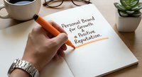 Professional writing personal brand strategy notes with orange marker on desk with coffee and glasses for business development and career growth.