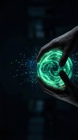 Human hands holding glowing green digital hologram with binary code and data streams on dark background for technology concepts.