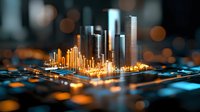 Futuristic miniature city model with glowing golden buildings and skyscrapers on digital circuit board, illuminated against dark background with bokeh lights.