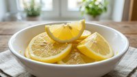 Fresh lemon slices arranged in white ceramic bowl on rustic wooden table with natural window light creating bright kitchen atmosphere for cooking recipes.