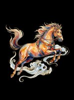 Ornate golden horse leaping through decorative clouds, isolated on transparent background. Ready for t-shirt design, clipart, stickers, sublimation, and print-on-demand products.