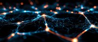Glowing neural network visualization with blue and orange light connections on dark background, representing artificial intelligence and machine learning technology.