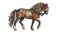 Ornate carousel horse with intricate decorative patterns, golden saddle and tack, isolated on white background for design projects.