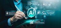 Professional businessman touching AI artificial intelligence icon with digital technology interface showing automation processes and innovative solutions.