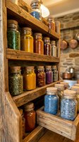 Rustic wooden spice rack filled with colorful herbs and spices in glass jars with cork lids for traditional kitchen pantry storage and culinary organization.